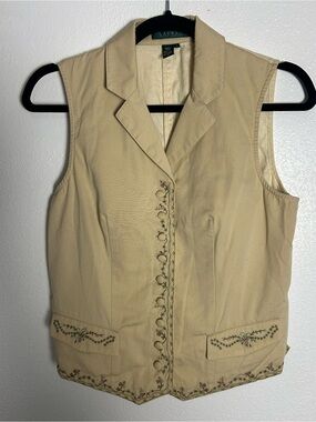 Vintage Lauren Ralph Lauren Beige Embroidered Sleeveless Blazer Vest